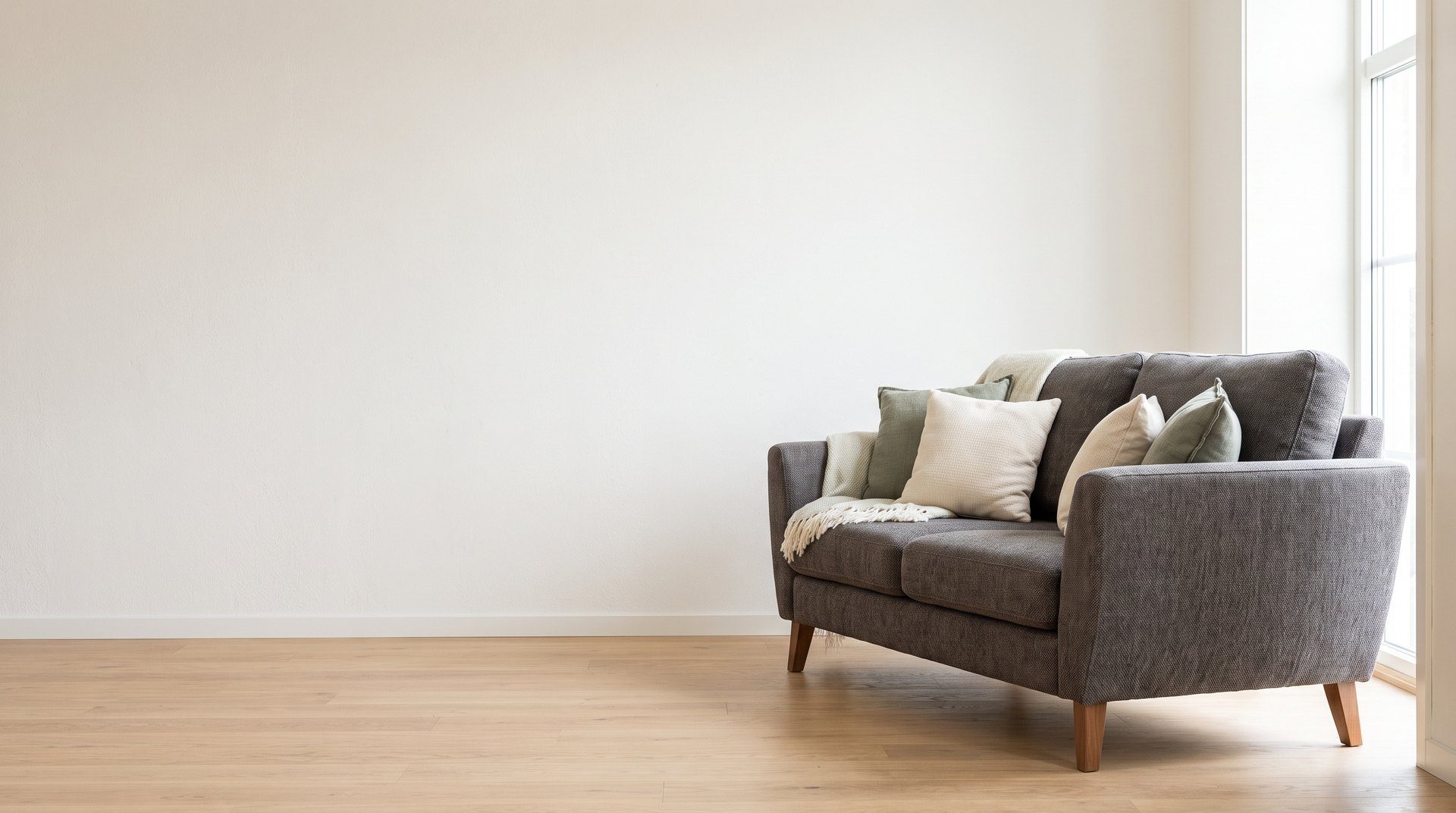 Sillón de dos cuerpos gris con almohadones junto a una ventana, en el showroom de Ábaco Muebles